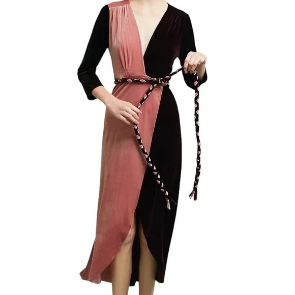 MISA Los Angeles Dress Paloma Burgundy Blush Velvet Wrap Dress Braided Event NWT - Picture 4 of 11